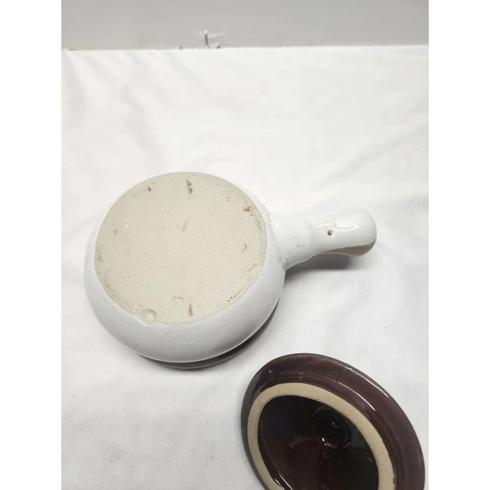 Vintage French Onion Soup Bowl with Lid Two Tone Brown Stoneware Ceramic Crock